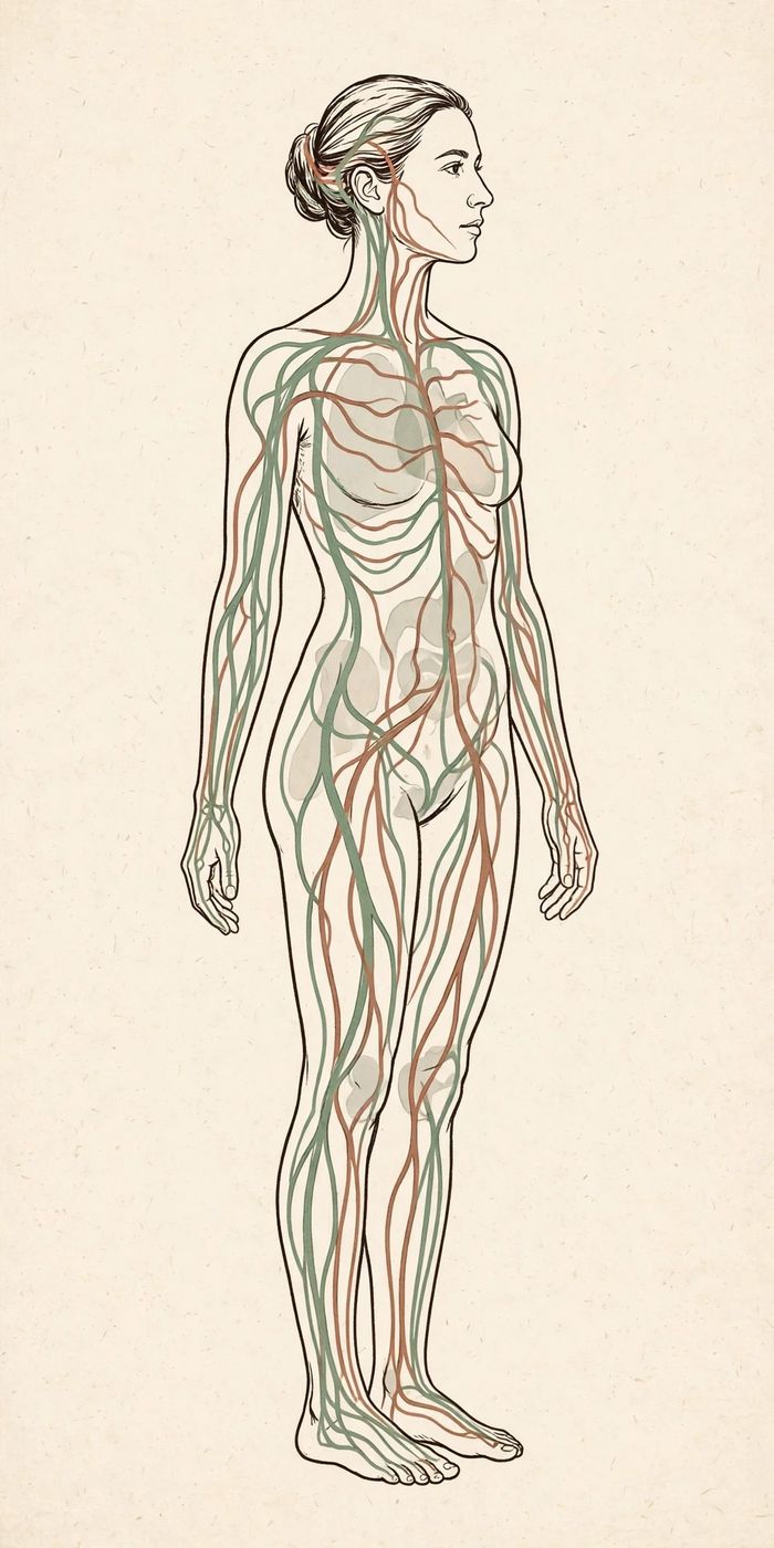 Illustration of a standing figure with flowing acupuncture channel (meridian) pathways drawn across the body like rivers