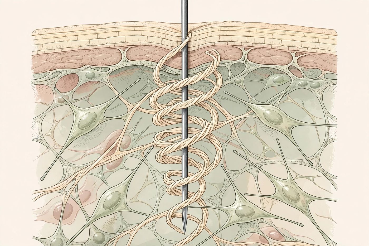 Microscope-style illustration of an acupuncture needle passing through skin layers, with collagen strands wound around the needle shaft and fibroblast cells nearby