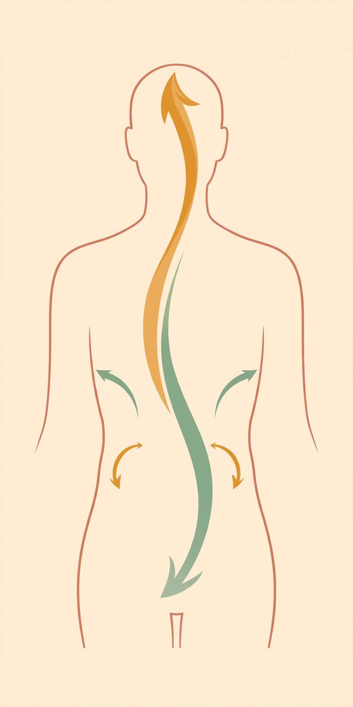 Diagram of a human torso with a gold arrow rising up the center toward the head and a sage-green arrow descending toward the lower abdomen, with smaller arrows curving outward and inward at the sides