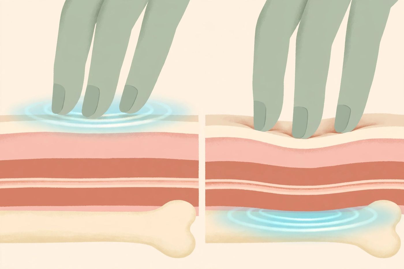 Two-panel illustration of a wrist cross-section: fingertips resting lightly feel a pulse at the surface, and fingertips pressing deeply find a pulse near the bone
