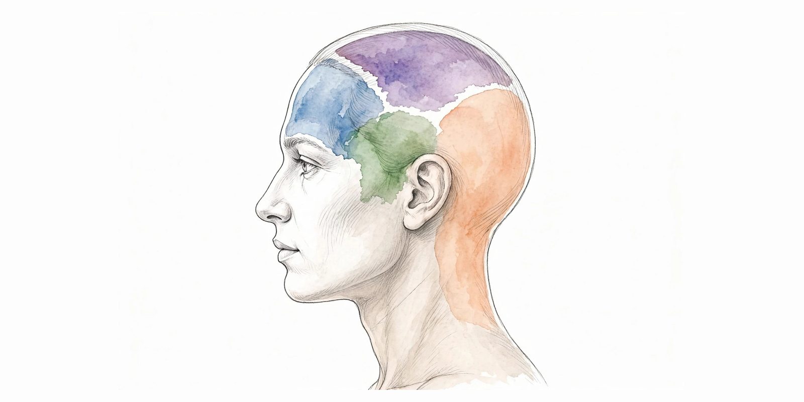 Watercolor sketch of a head in profile with four shaded headache zones: forehead, temple, back of the head, and crown