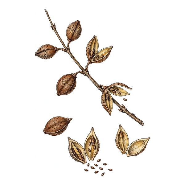 Botanical illustration of forsythia fruit (Lian Qiao)