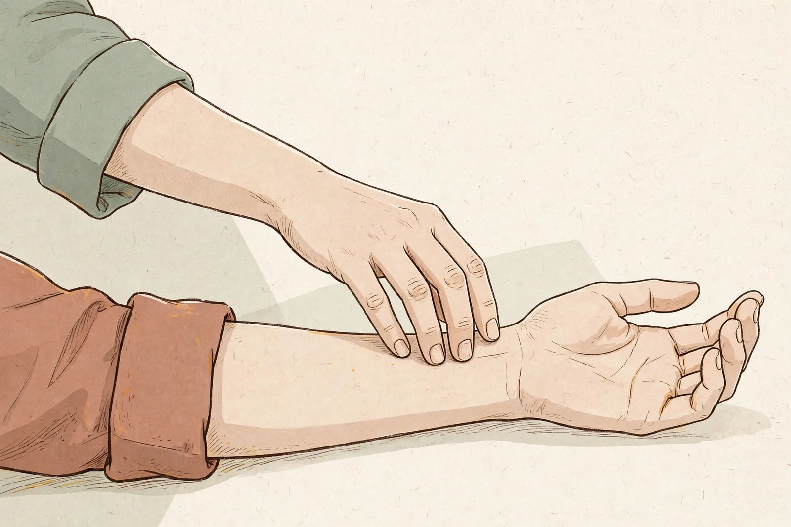 A practitioner's three fingertips resting on a patient's wrist, feeling the pulse