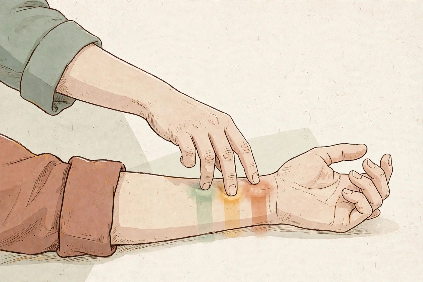 Close-up of three fingertips resting along the wrist, with soft bands of color marking the cun, guan, and chi pulse positions