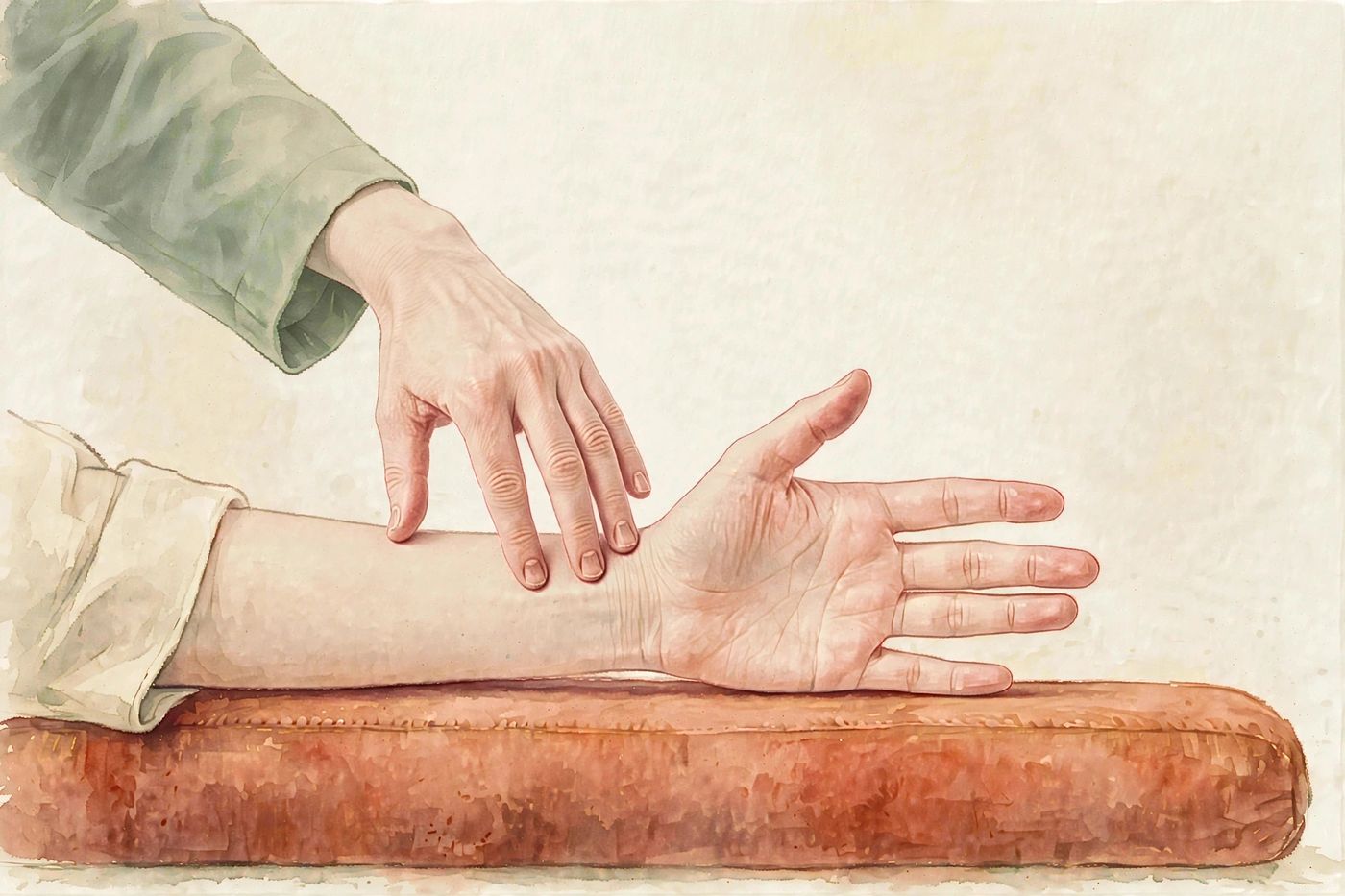 Watercolor illustration of a practitioner's index, middle, and ring fingertips resting in a row on the radial artery at the thumb side of a patient's inner wrist