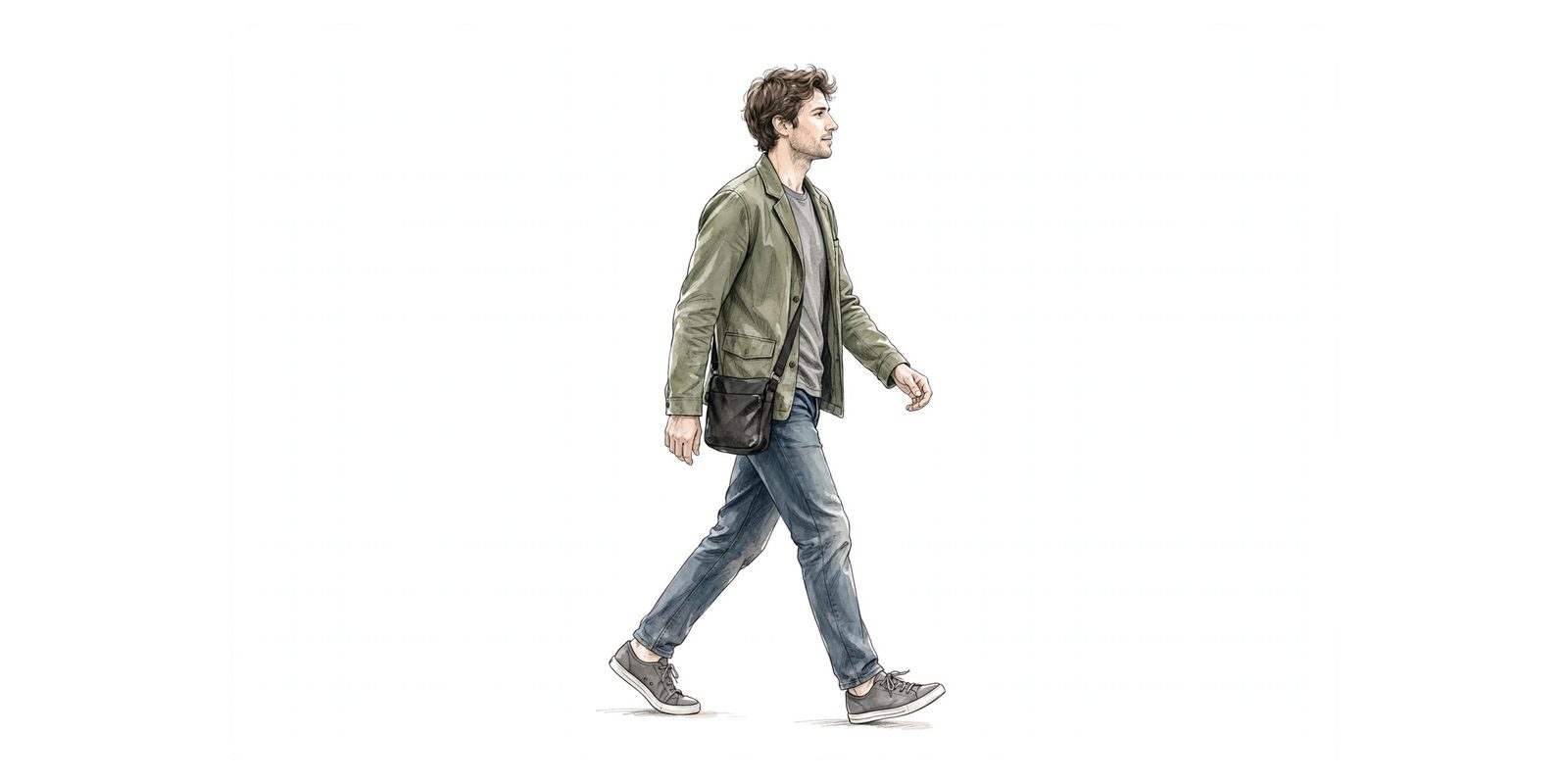 Watercolor sketch of a person walking outdoors with an upright posture